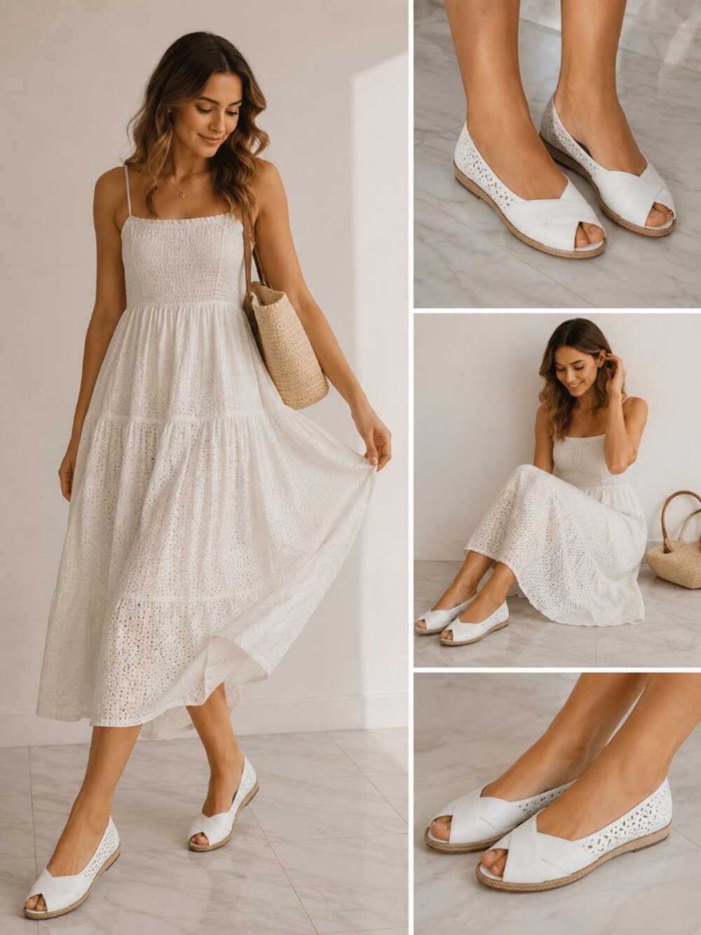 Sesto Meucci White Peep-Toe Laser-Cut Flats